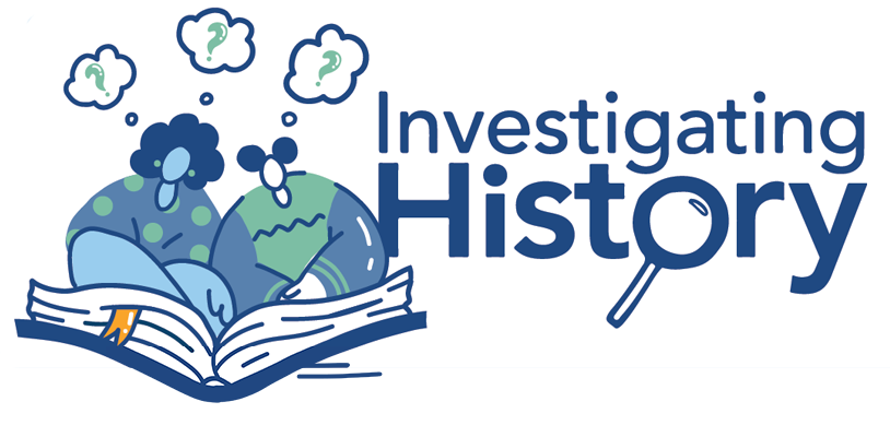 Investigating History logo next to an illustration of two people reading a book, with question marks above their head.